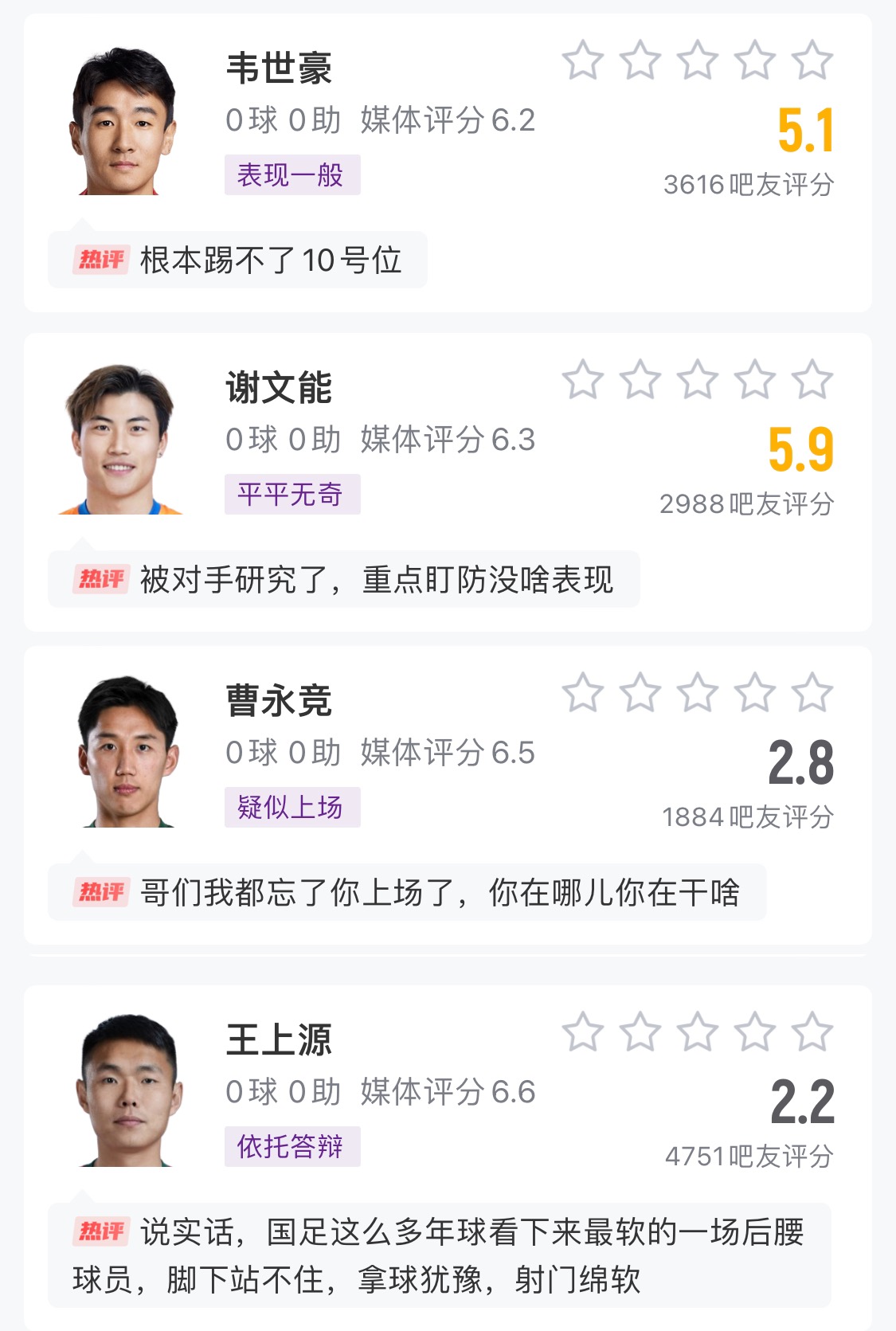 中场成短板!国足菱形中场评分普遍低迷,吧友:韦世豪踢不了10号